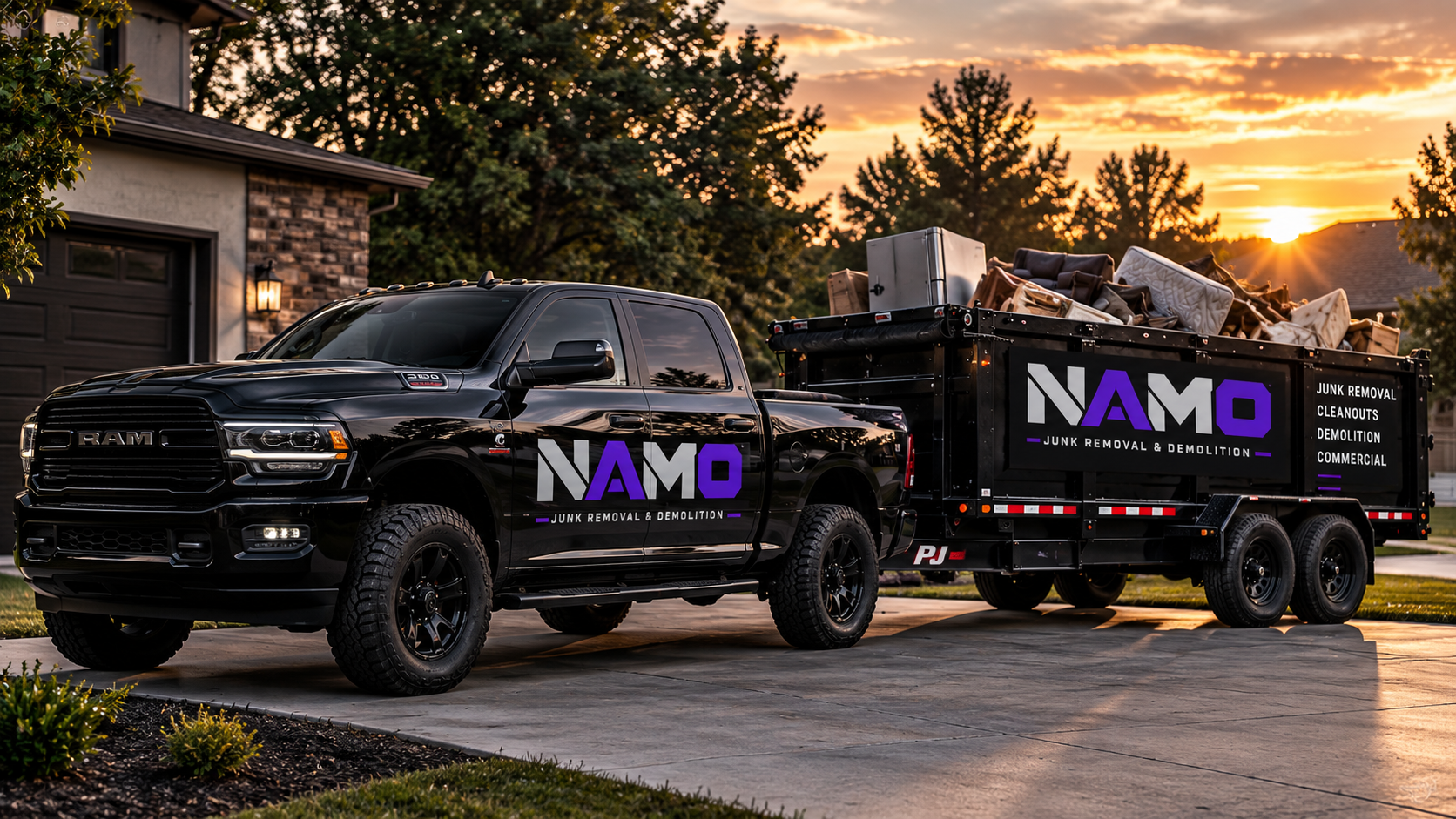 NAMO Ram and high-sided trailer loaded for junk removal, cleanouts and demolition