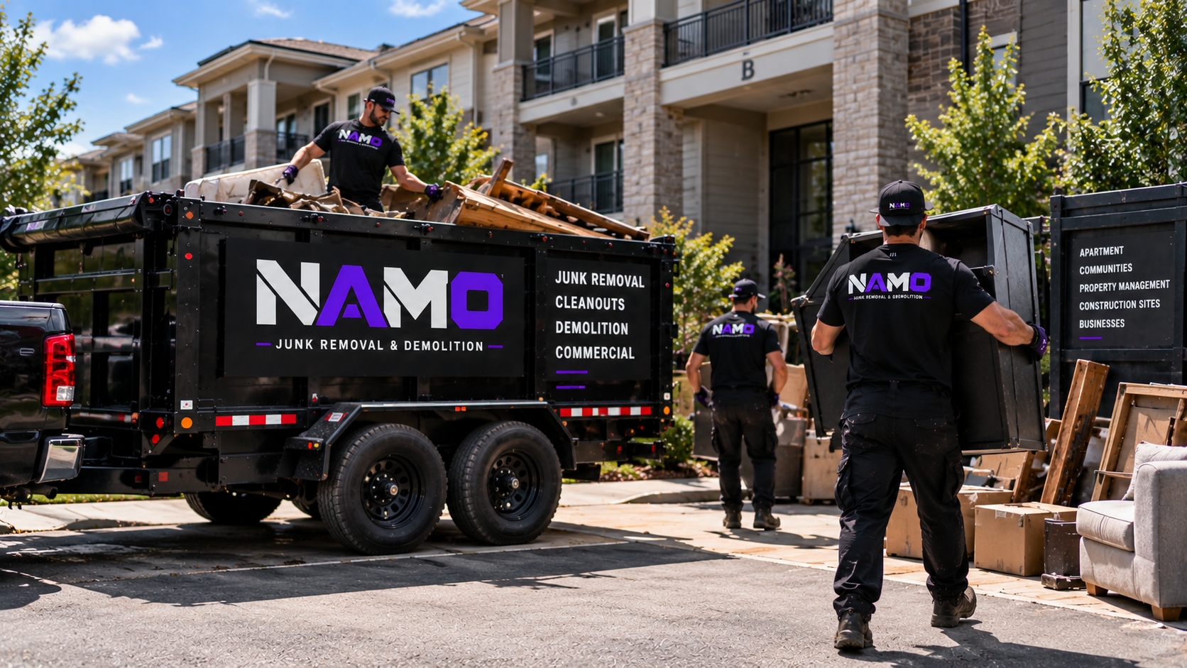 NAMO crew handling commercial junk removal at an apartment community