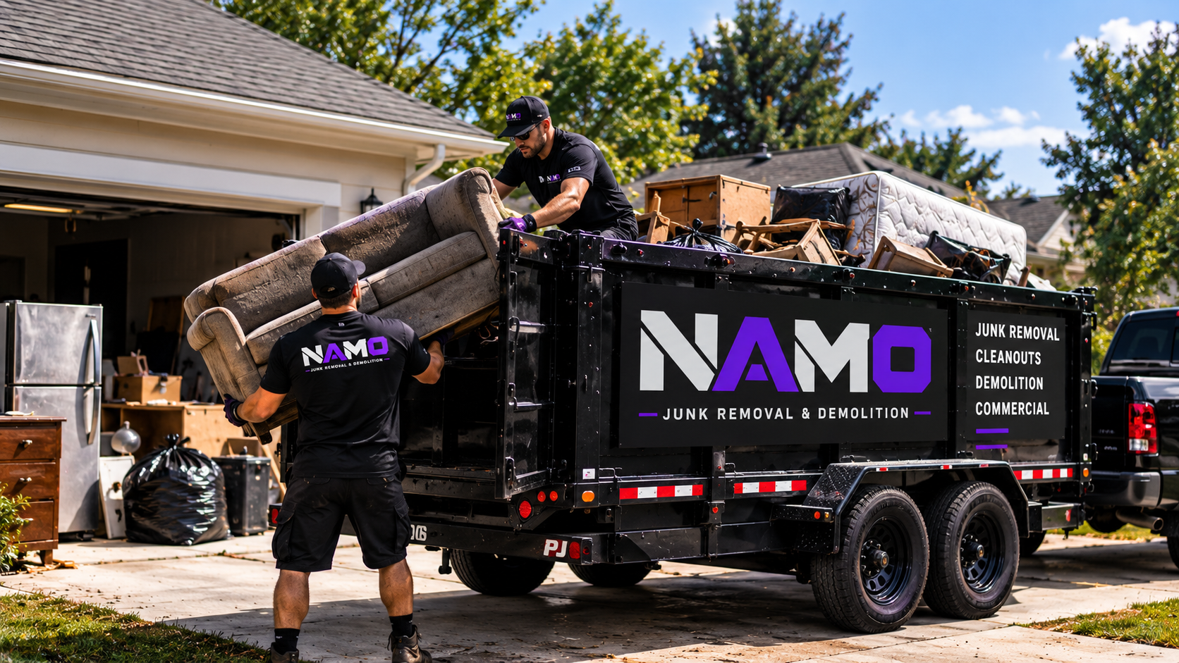 NAMO crew loading furniture into a branded junk-removal trailer