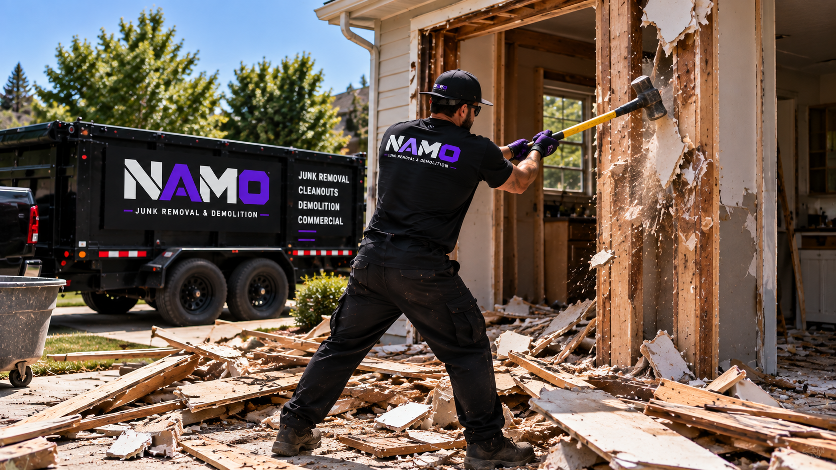 NAMO crew performing light demolition with a branded trailer on site