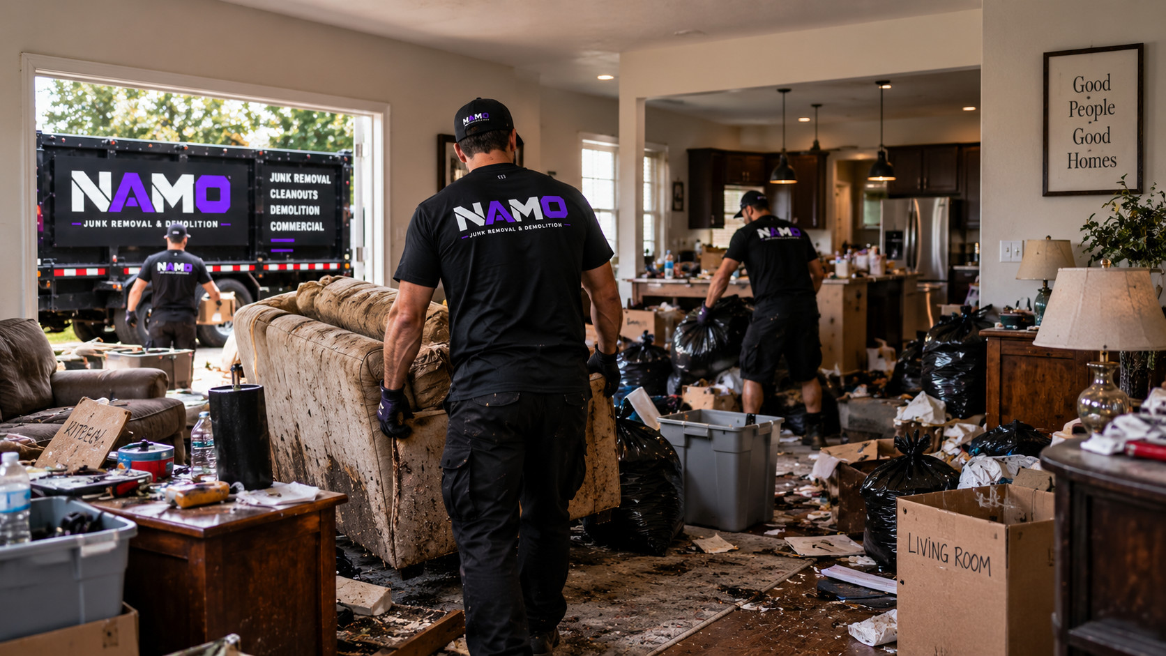 NAMO crew clearing a cluttered home during a property cleanout