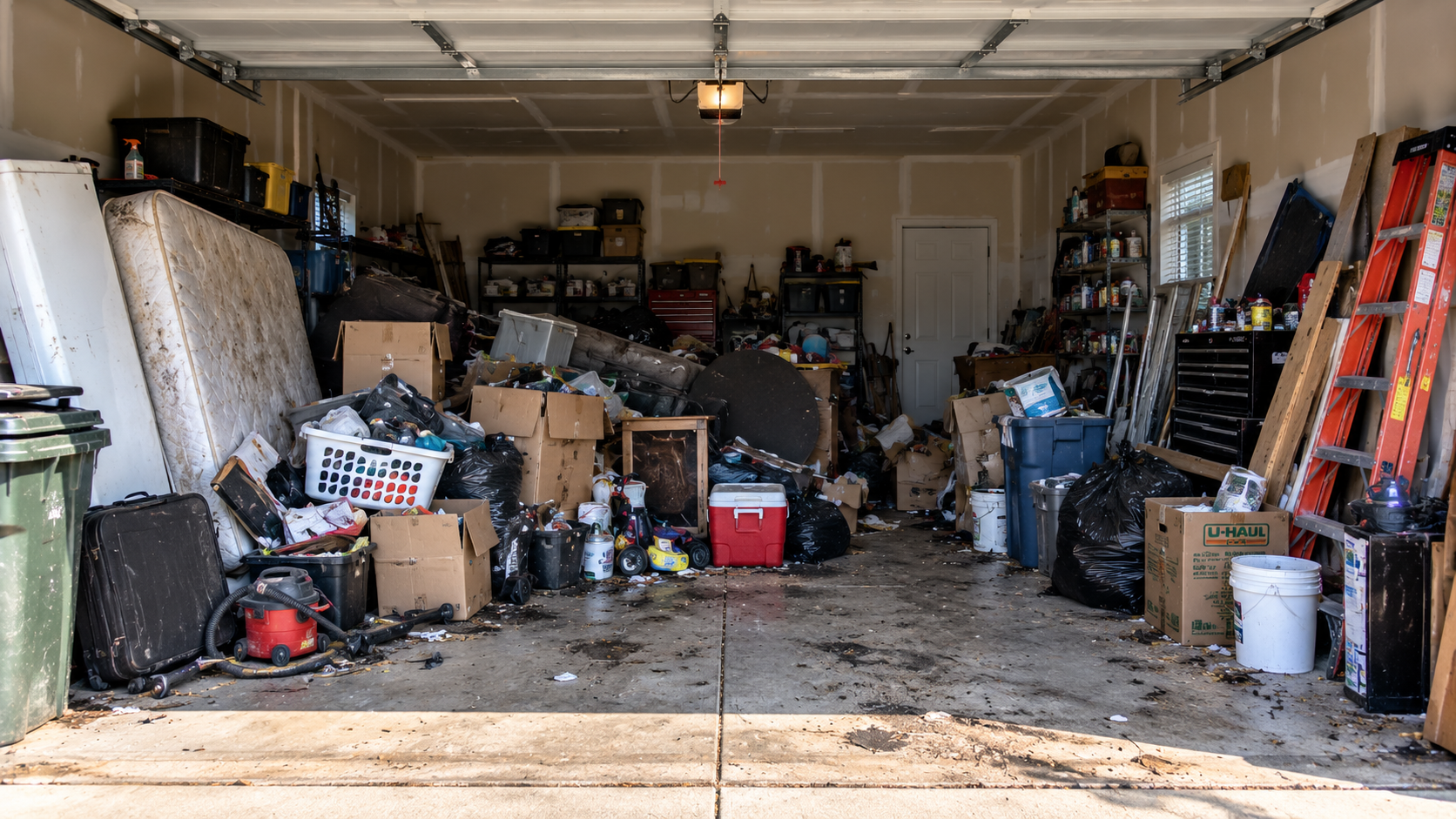 Example of a loaded, cluttered garage before a cleanout